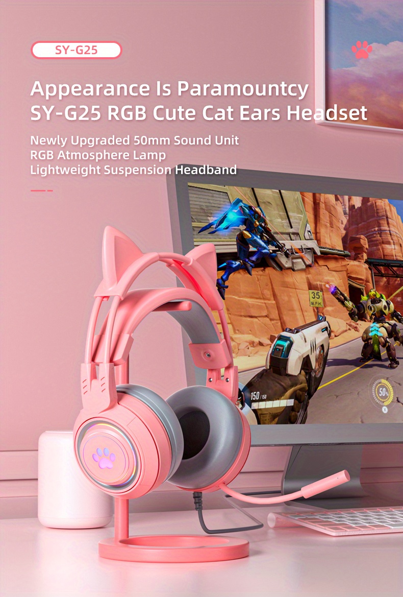 g25 computer headset pink cat ear luminous rgb light stereo bass surround compatible with ps4 pc xbox one ps5 notebook mac mobile 1 2 conversion cable soft memory earmuffs details 0