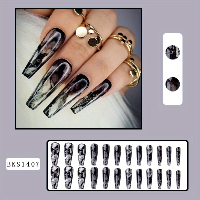 24pcs Press On Nails - Mixed , , Long Length, Gradient Pattern, Glossy Finish - -border Women's Chinese Style Ice Transparent Ink Nail Pieces Set With Fruity Glue And File Included