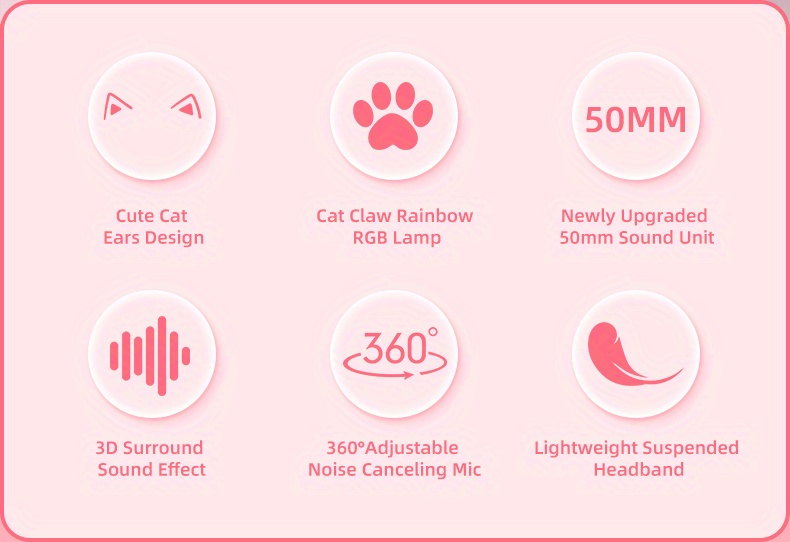 g25 computer headset pink cat ear luminous rgb light stereo bass surround compatible with ps4 pc xbox one ps5 notebook mac mobile 1 2 conversion cable soft memory earmuffs details 1