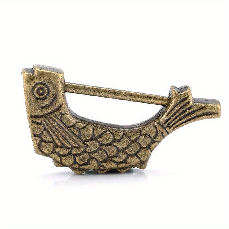 1pc 60*30mm Vintage Chinese Keyed Padlock, Antique Old Style Retro Lock, Zinc Alloy Jewelry Box Fish Pattern Lock, Home Decor