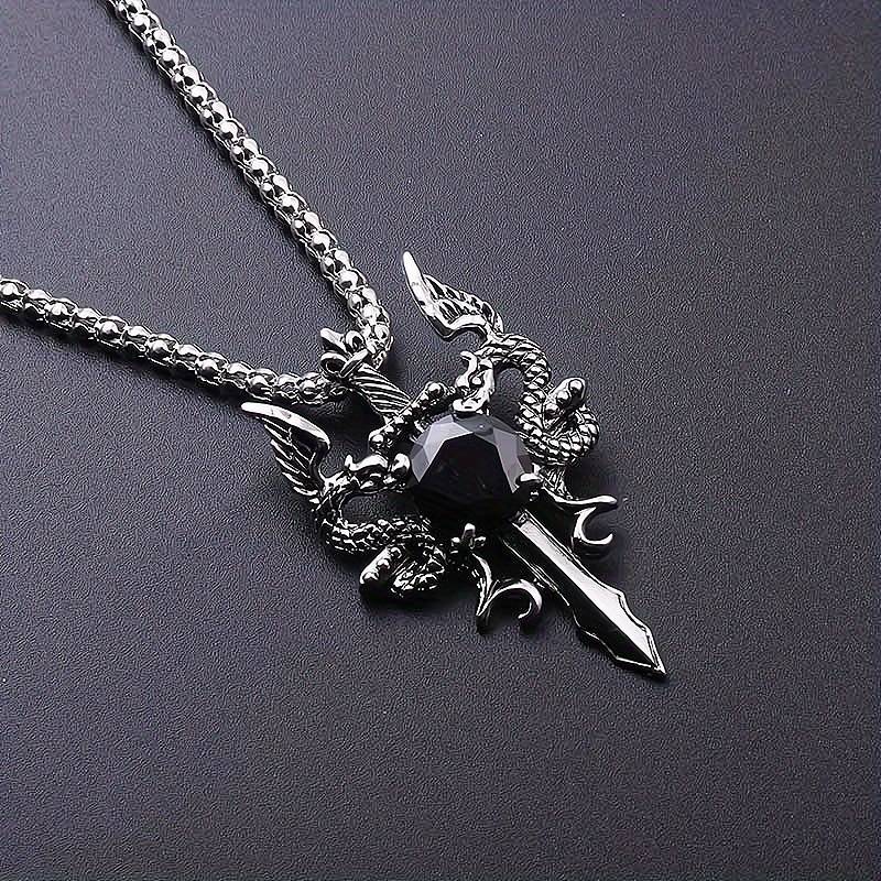 Gothic Double Dragon Cross Necklace For Men, Punk Dragon Sword Necklace Stainless Steel Dragon Cross Pendant Necklace