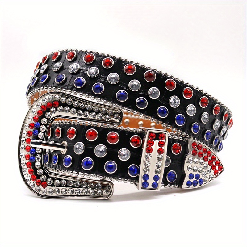 Hip Hop Rhinestone Pu Belt Vintage Color Block Cowgirl Belts