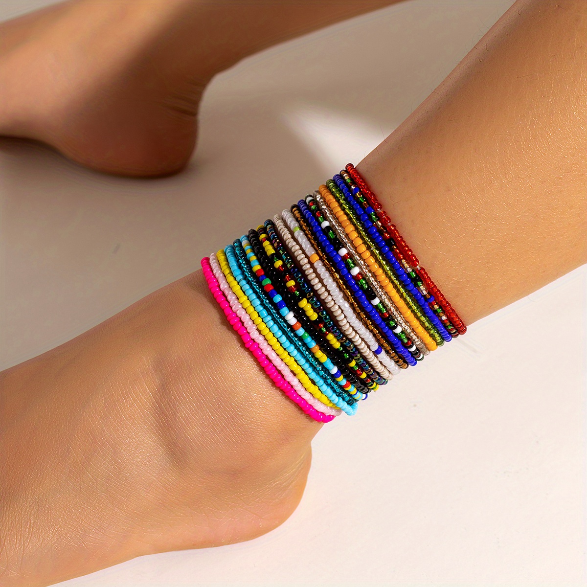 20 Pcs Stackable Beaded Anklet Set, Summer Foot Jewelry