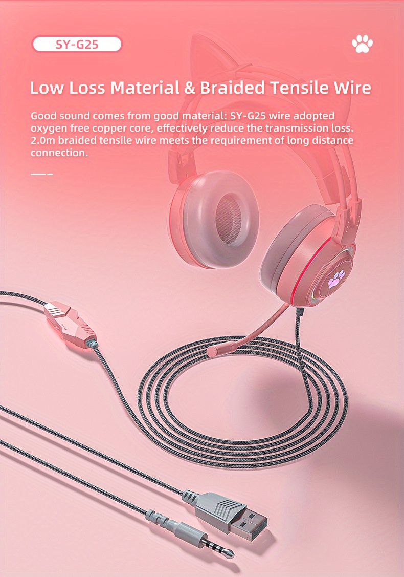 g25 computer headset pink cat ear luminous rgb light stereo bass surround compatible with ps4 pc xbox one ps5 notebook mac mobile 1 2 conversion cable soft memory earmuffs details 10