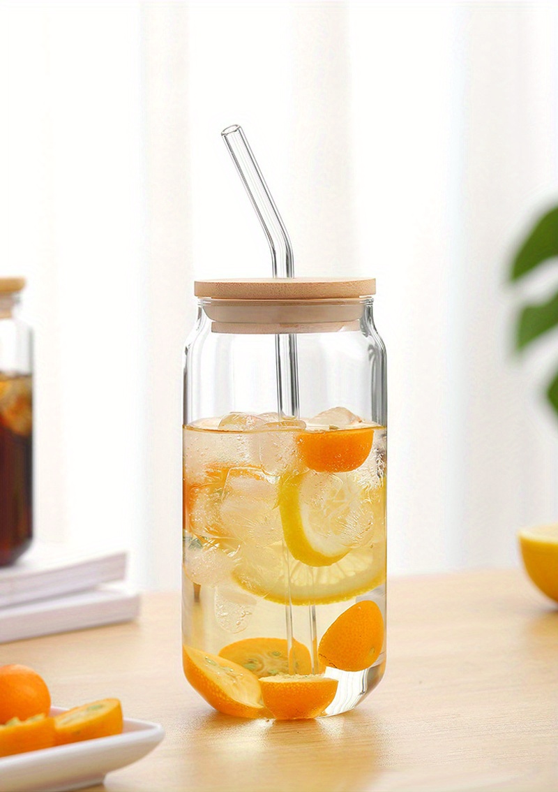 Drinking Glass with Bamboo Lids and Glass Straws, 18.6 oz Can
