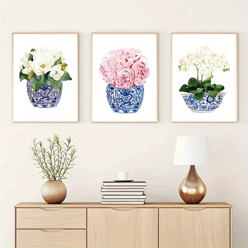 TEMU Impression sur toile sans cadre de 3 pièces avec orchidées et magnolias dans un style chinoiserie aquarelle, représentant un vase oriental bleu