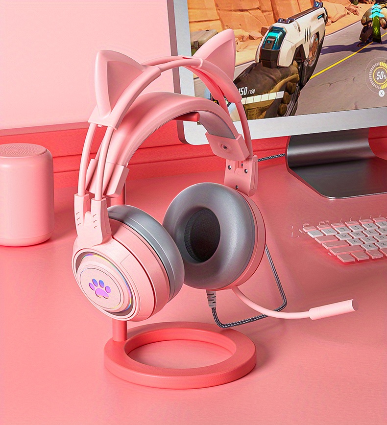 g25 computer headset pink cat ear luminous rgb light stereo bass surround compatible with ps4 pc xbox one ps5 notebook mac mobile 1 2 conversion cable soft memory earmuffs details 12