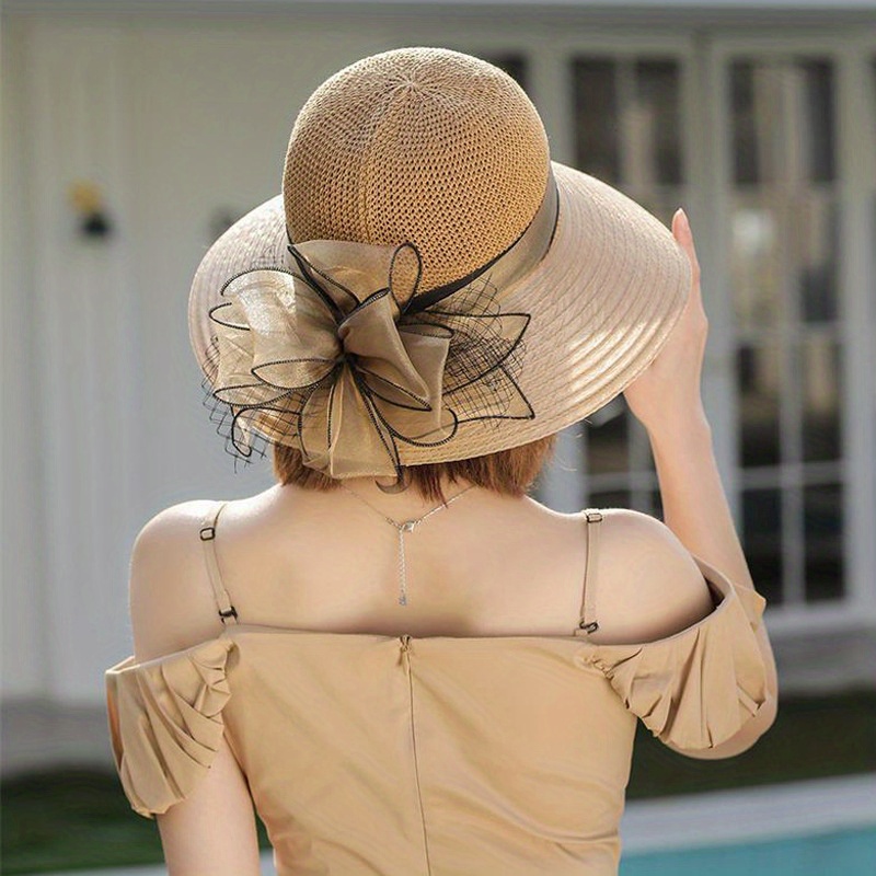 Flower Decor Organza Sun Hat Stitching Derby Hat Hollow - Temu