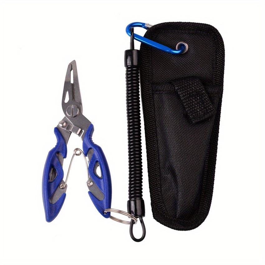Fishing Pliers, Stainless Steel Fishing Tool with Coiled Lanyard, Blue