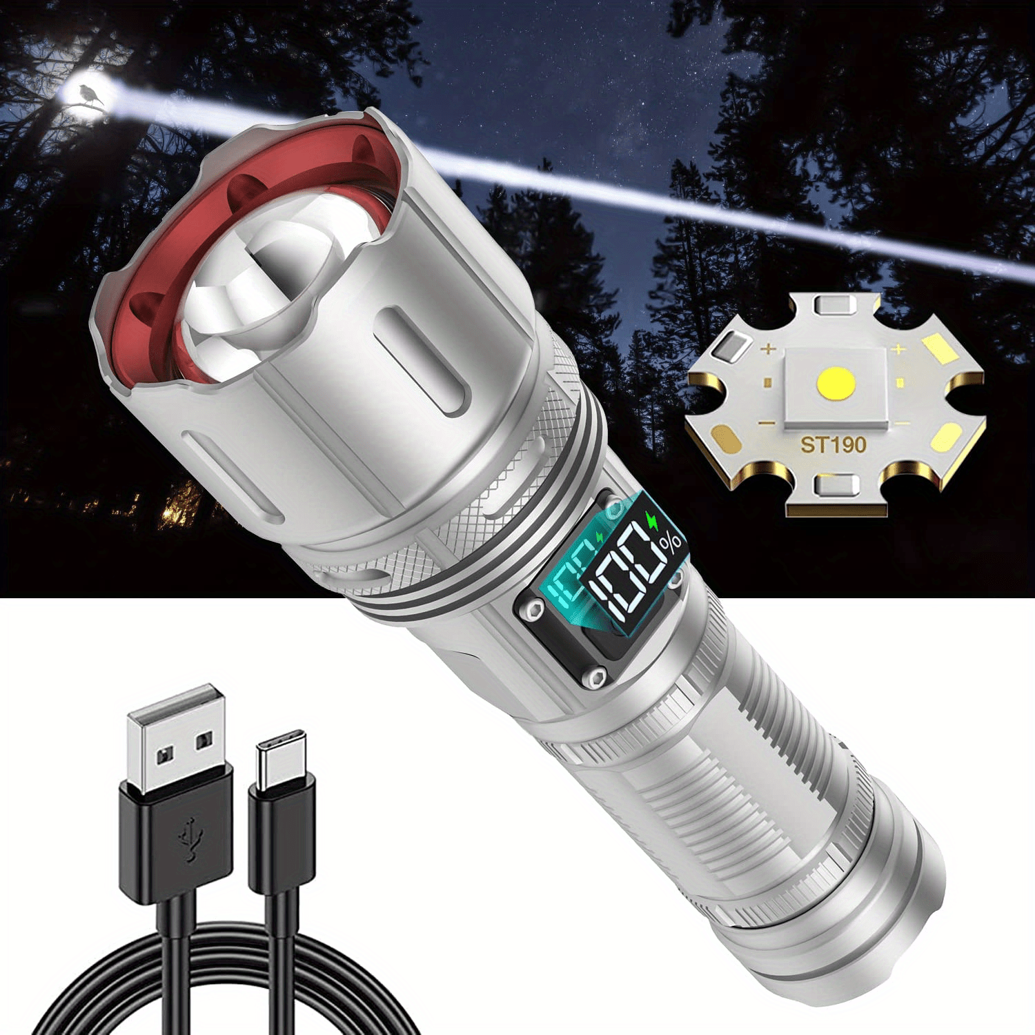 Outdoor LED Strong Flashlight, Ultra Bright Long-Range Home  Emergency Charging with Zoom, USB Direct Charging Outdoor Tightly  Waterproof with Five Types of Lighting # : Tools & Home Improvement