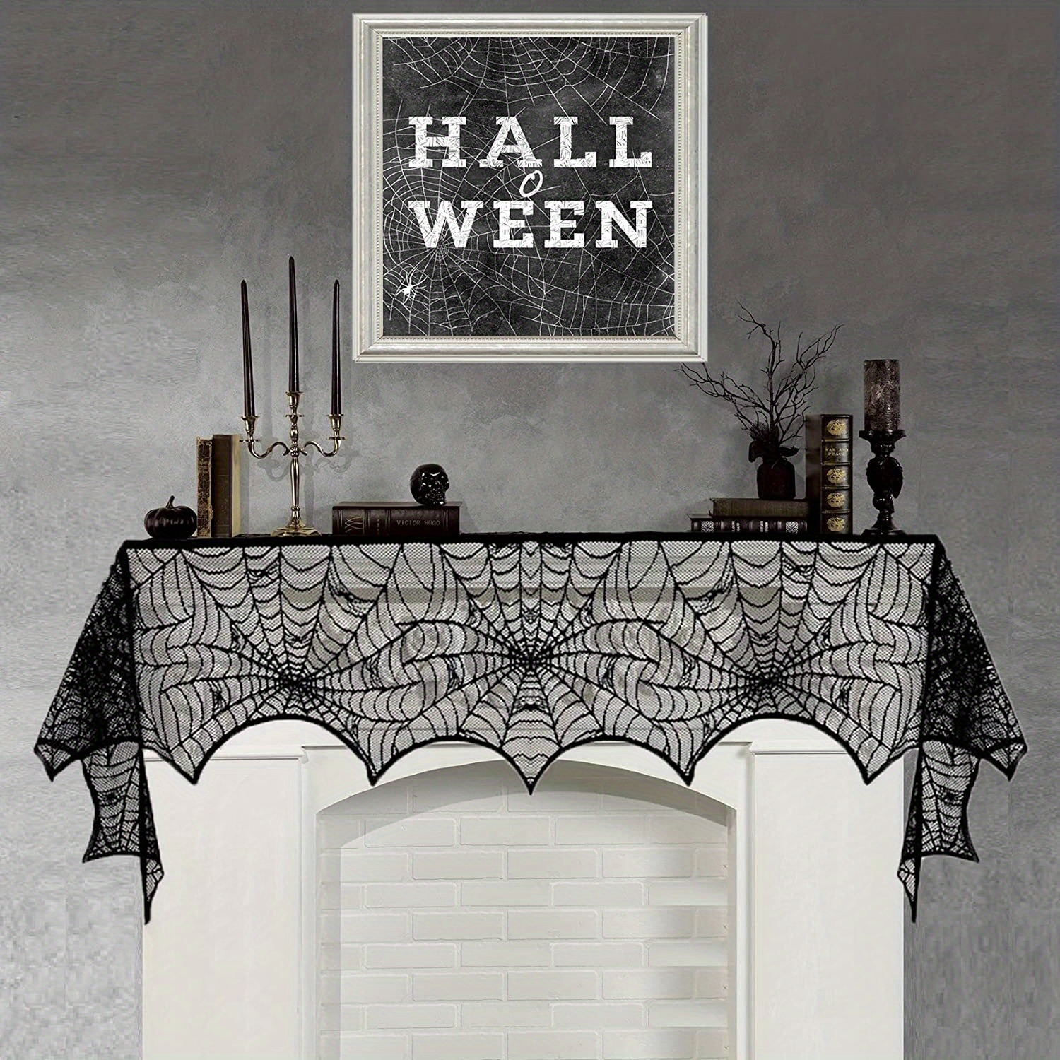 Sunward Halloween Decoration Lace Spider Tablecloth Fireplace Cloth Black  Party Decor 