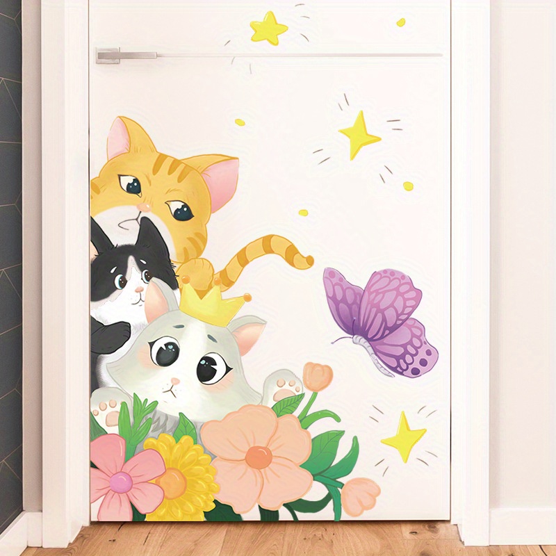 Cartoon Cute Kitten Butterfly Flower Wall Stickers Self Temu United