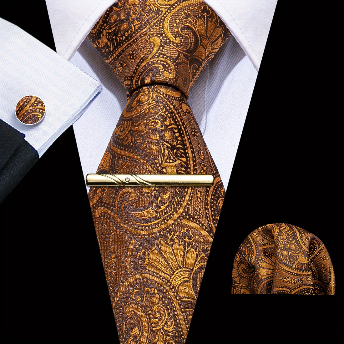 Black&Gold Silk Floral Paisley Necktie Set