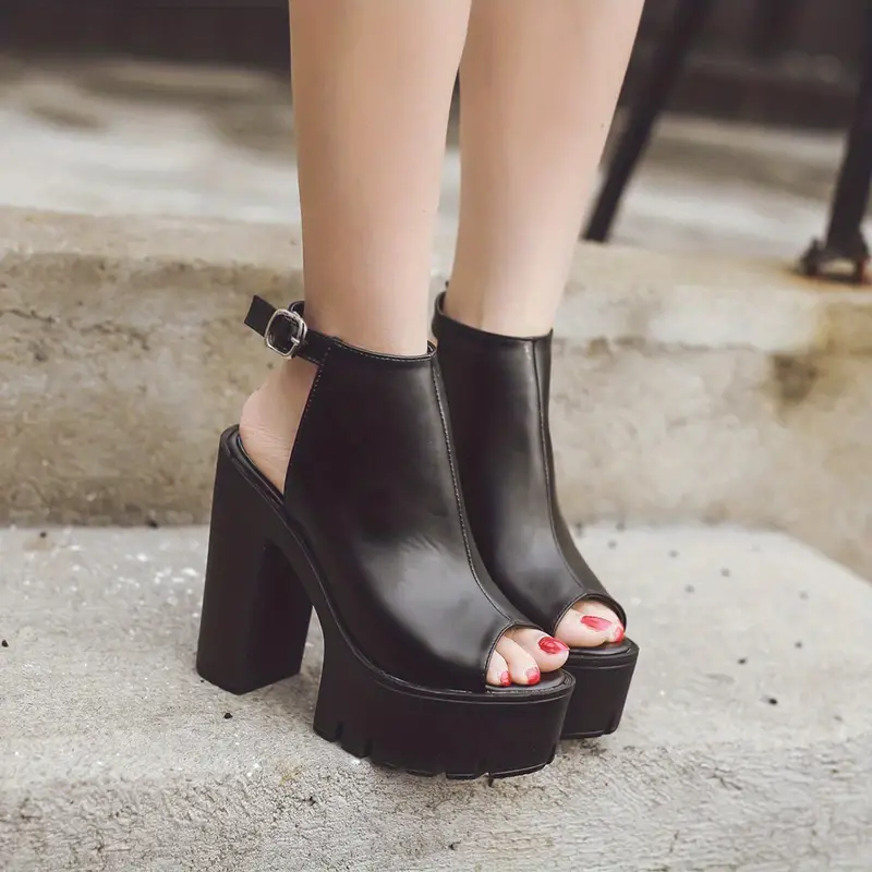 womens platform block high heels black peep toe ankle buckle strap slingback sandals fashion party pumps details 0