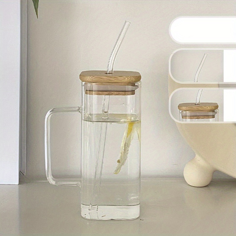 Square Glass Cup With Bamboo Lid And Straw, Transparent Water Cup