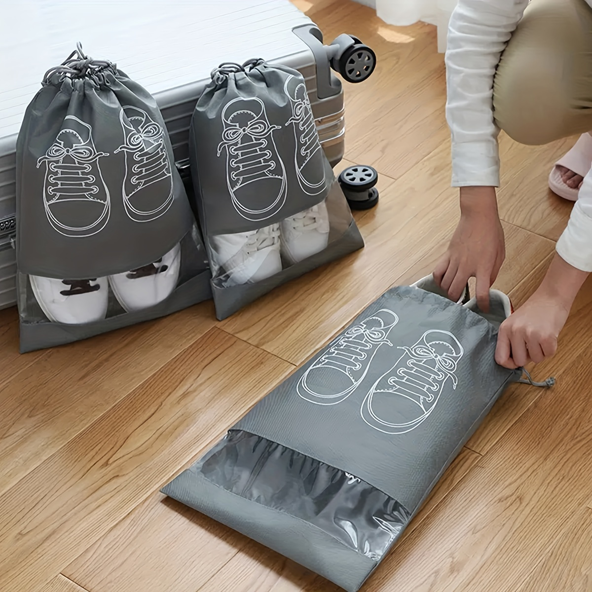 simple portable shoes bag drawstring pouch dustproof lightweight bag for travel details 0