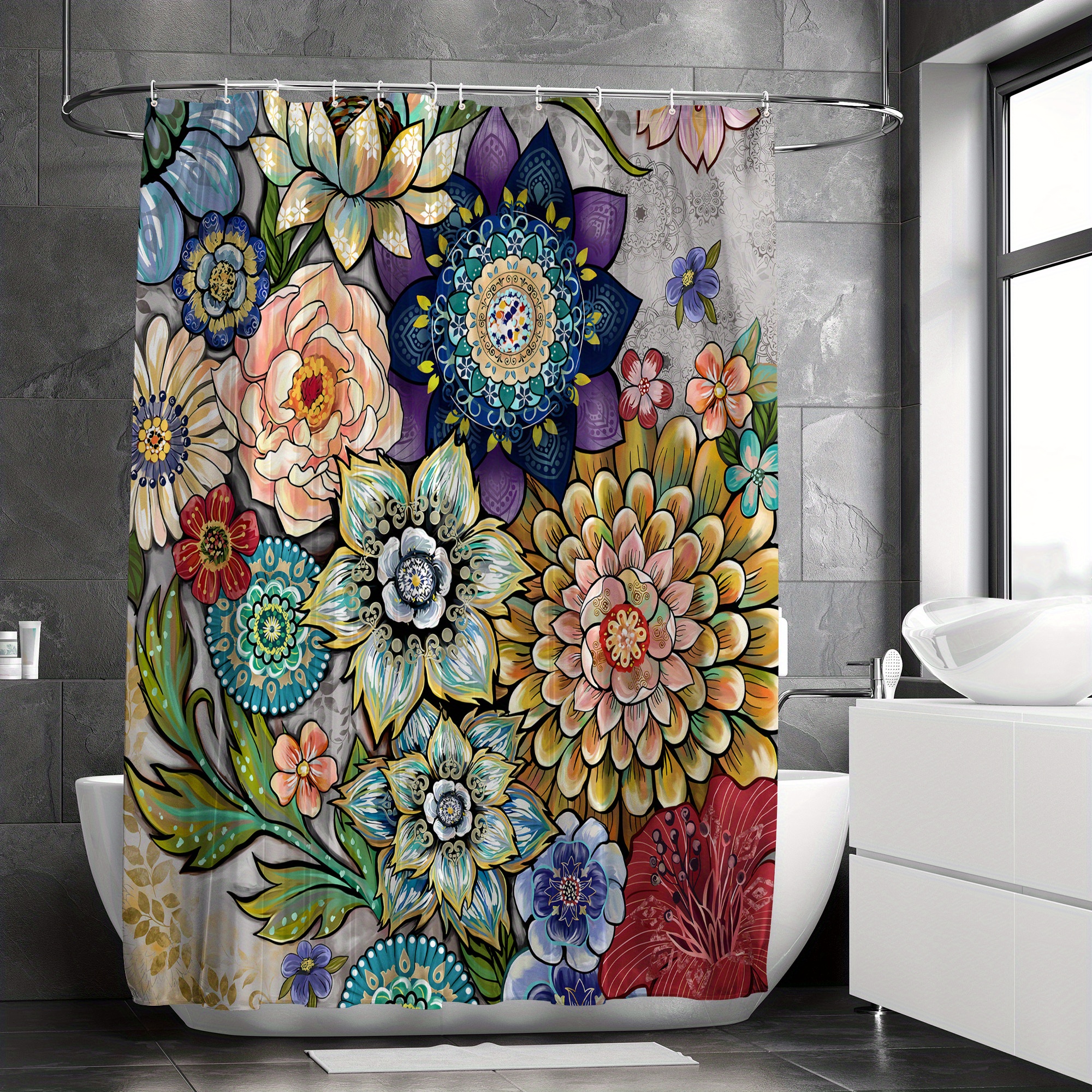 Colorful Floral Shower Curtain with 12 Hooks