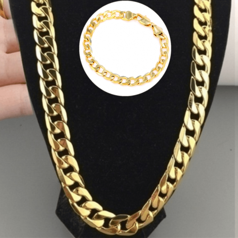 TEMU Conjunto De 2 Piezas: Collar + Pulsera, Collar Para Hombre Bañado En Oro De 18k