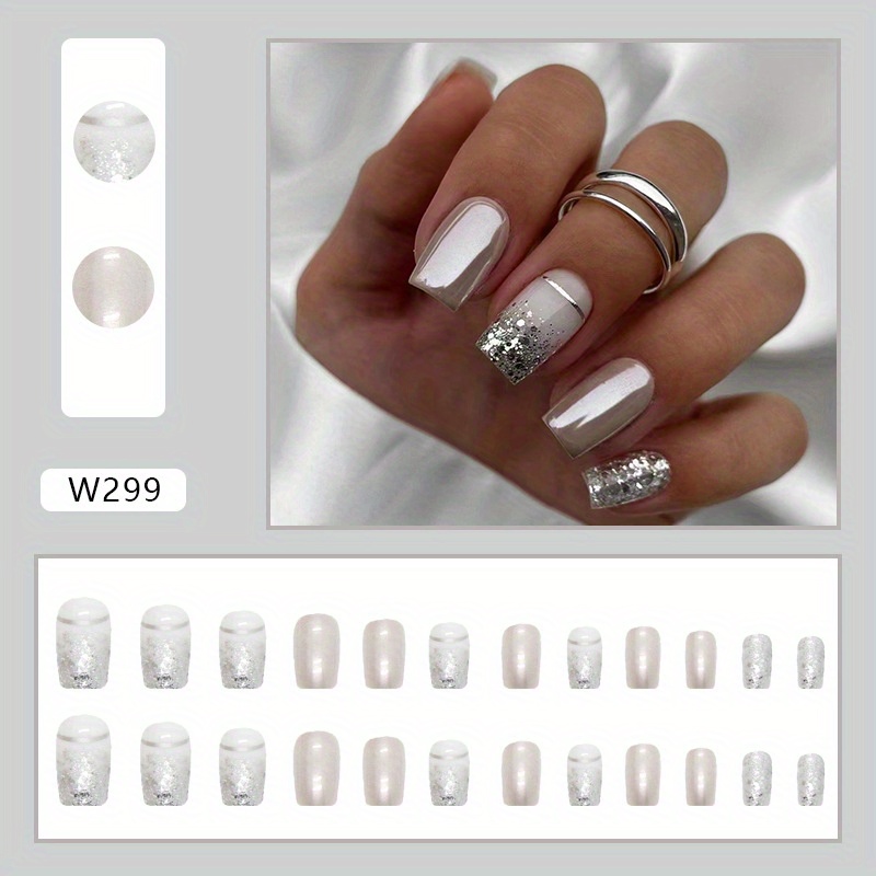 24pcs Silver Press On Nails Medium Square Fake Nails With Glitter ...