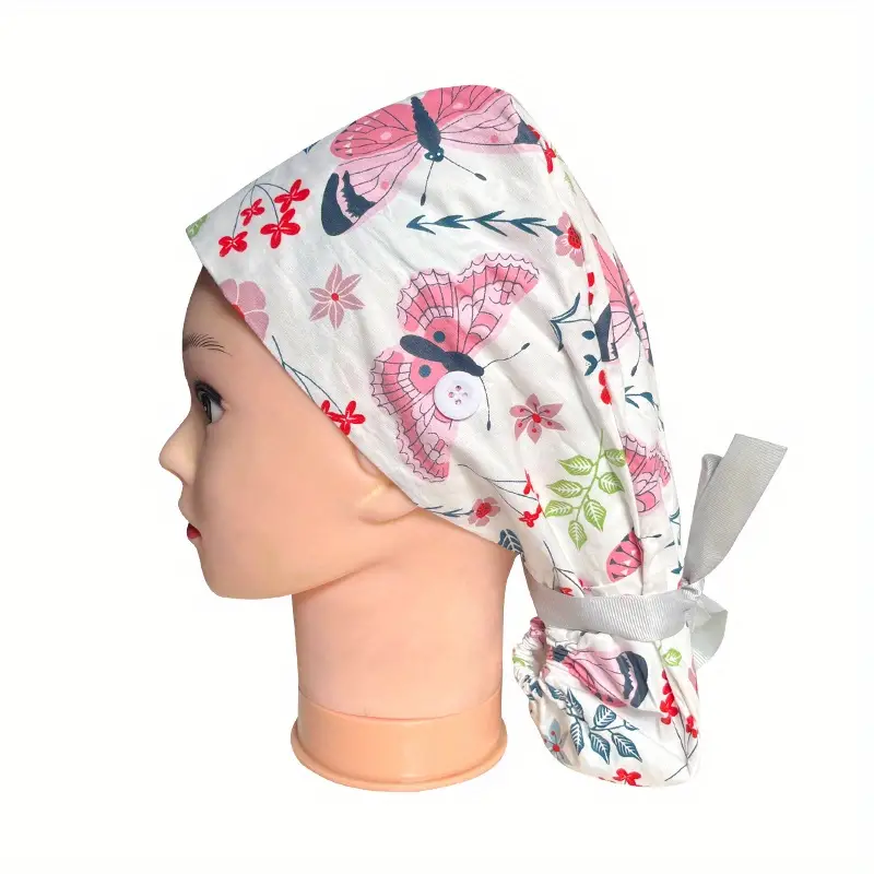Bonnet de travail en coton imprimé dessin animé  Chapeau d'infirmière  élastique, cravate arrière, bonnet de gommage pour femmes, bouton réglable,  chapeaux de travail - Temu France
