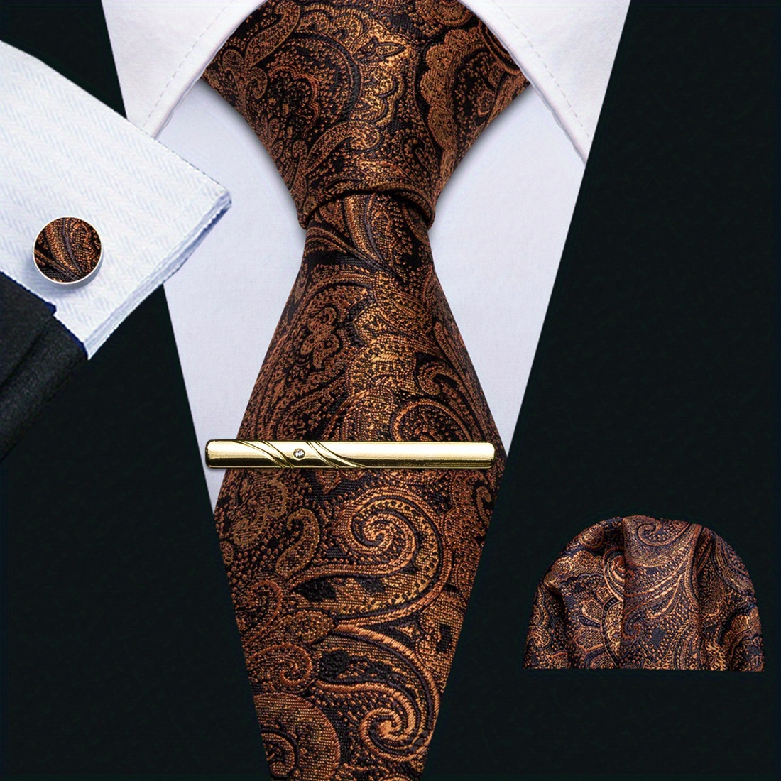Black&Gold Silk Floral Paisley Necktie Set