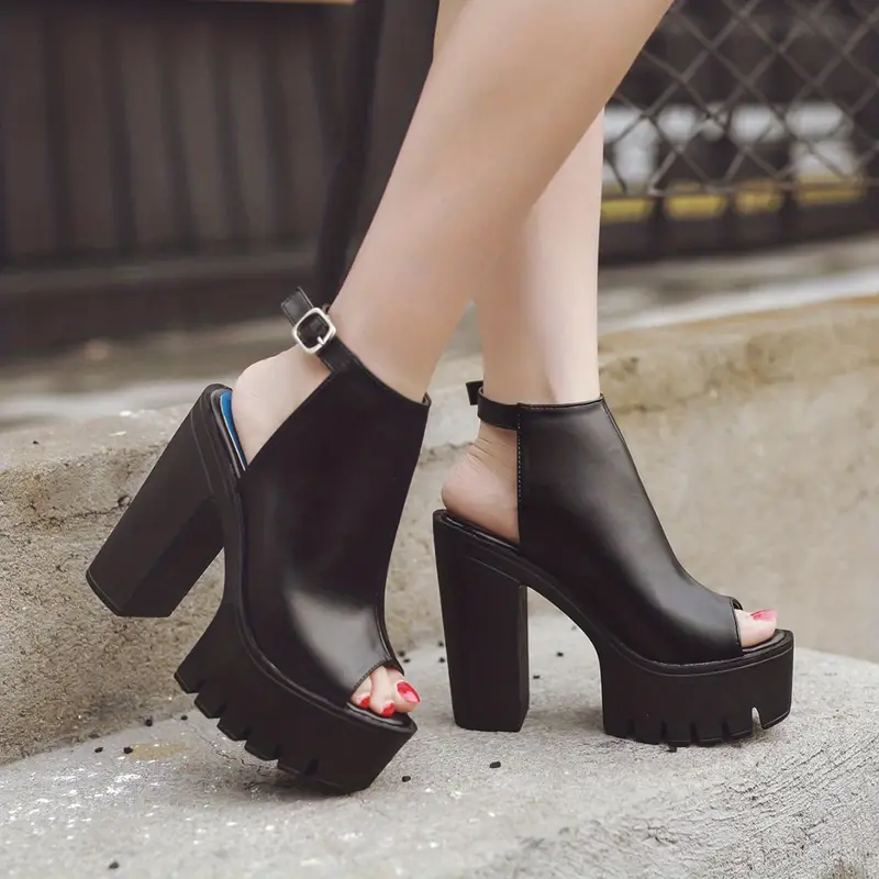 womens platform block high heels black peep toe ankle buckle strap slingback sandals fashion party pumps details 1