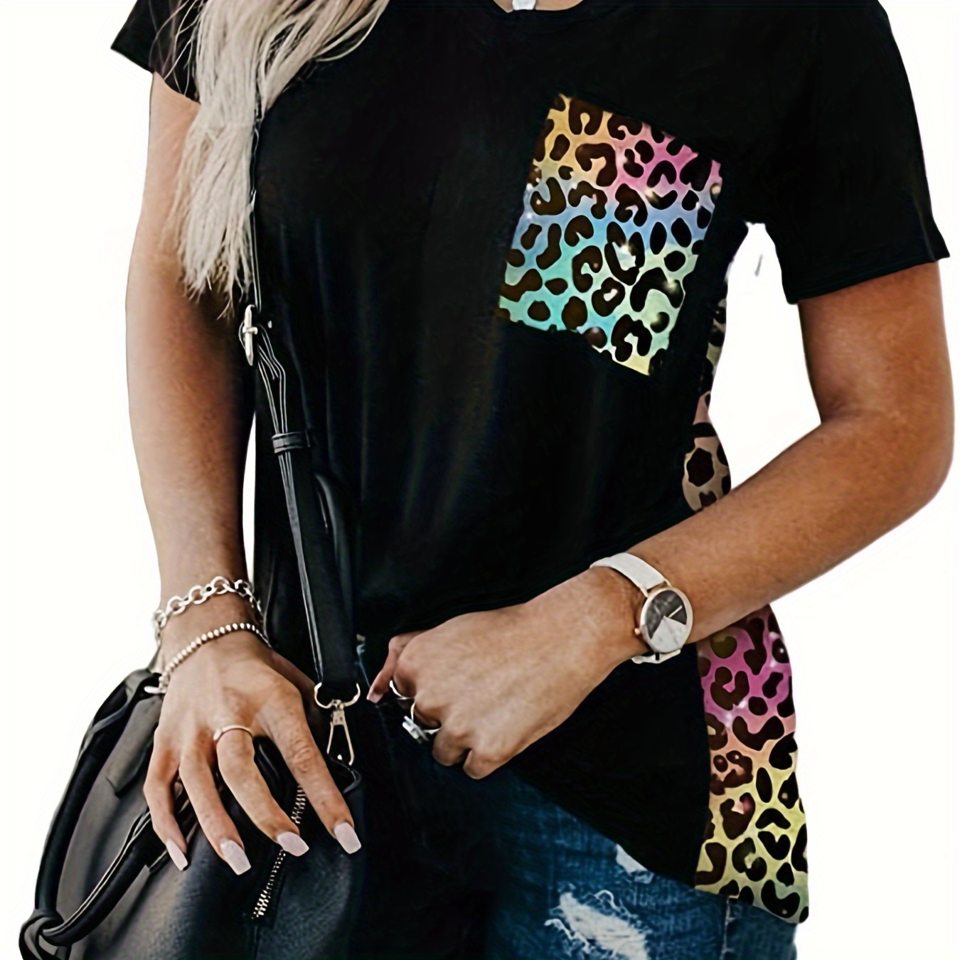 

Vintage V-neck Leopard Print T-shirt, Retro Fashion Short Sleeve T-shirt, Women's Clothing
