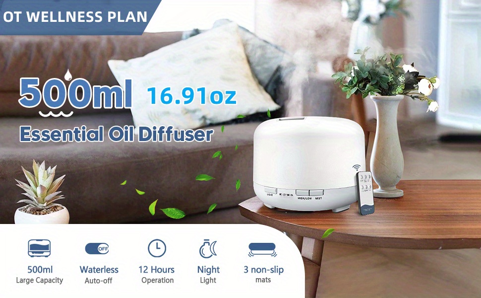 500ML Essential Oil Diffuser with 6x10mL Oils, Quiet Cool Mist Humidifier,  Natural Home Fragrance Aroma Diffuser with 7 LED Color Changing Light and