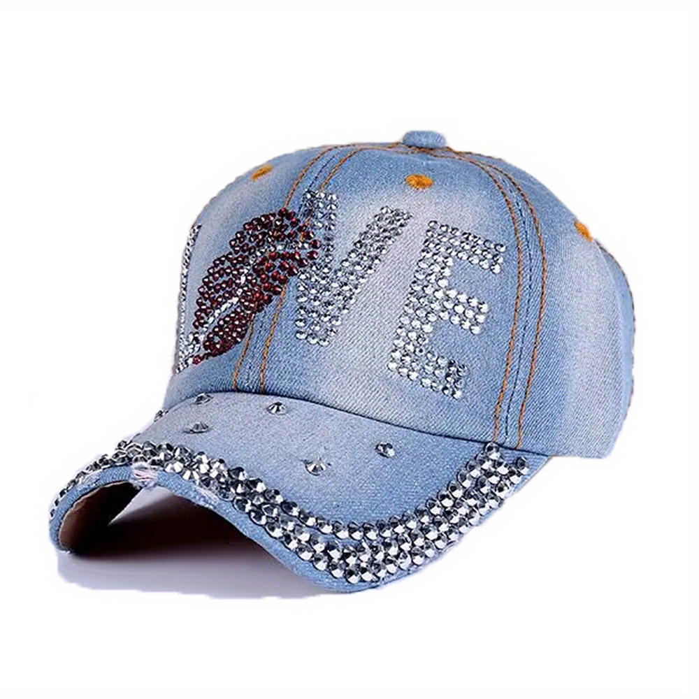 Rhinestone Love Label Baseball Light Blue Washed Distressed Denim Hat ...