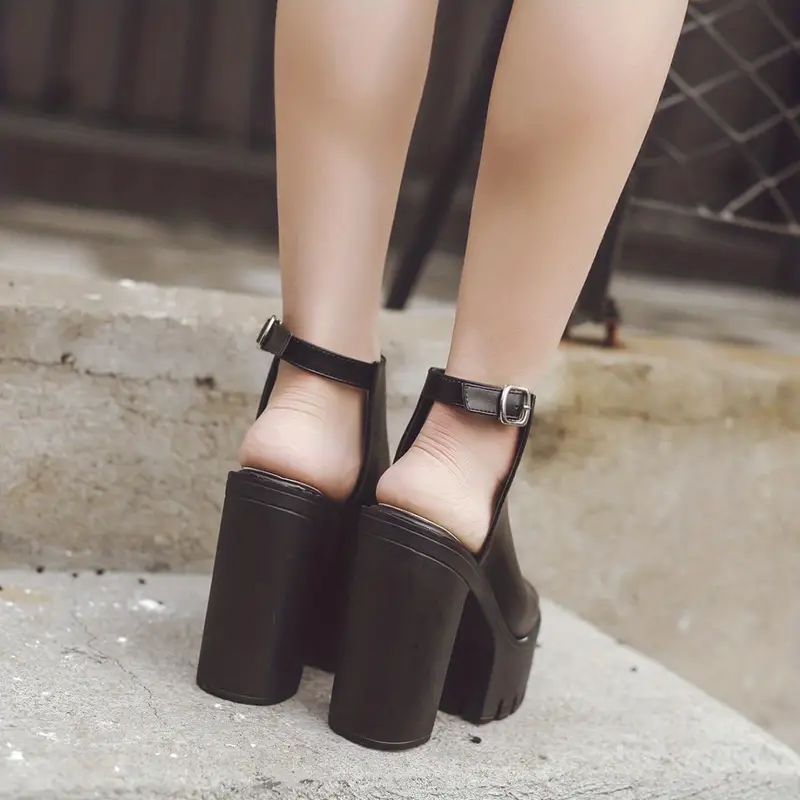 womens platform block high heels black peep toe ankle buckle strap slingback sandals fashion party pumps details 2