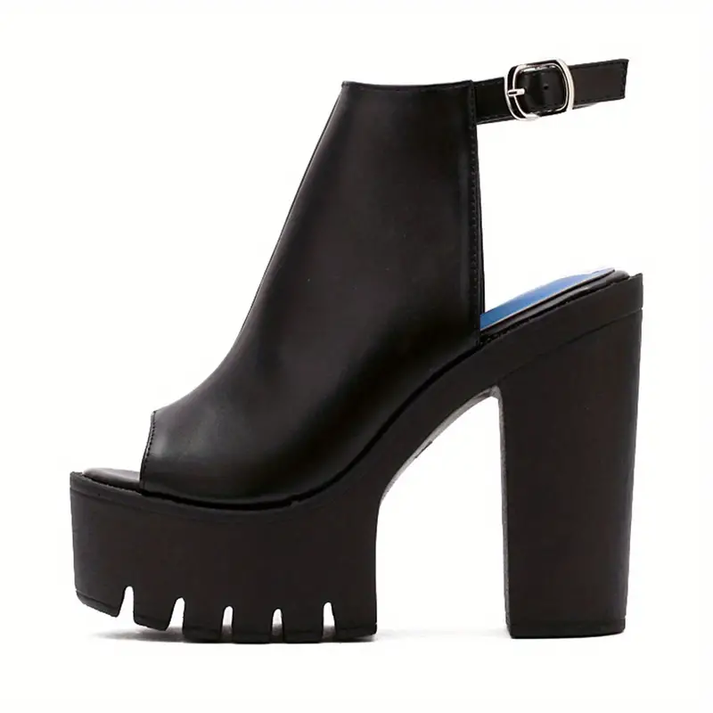 womens platform block high heels black peep toe ankle buckle strap slingback sandals fashion party pumps details 4