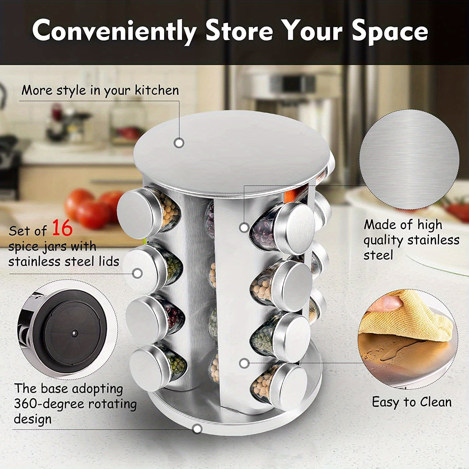 1 set spice rack rotating spice rack with 8 12 16 jars revolving spice rack organizer for cabinet seasoning organizer stainless steel kitchen spice tower kitchen tools details 2