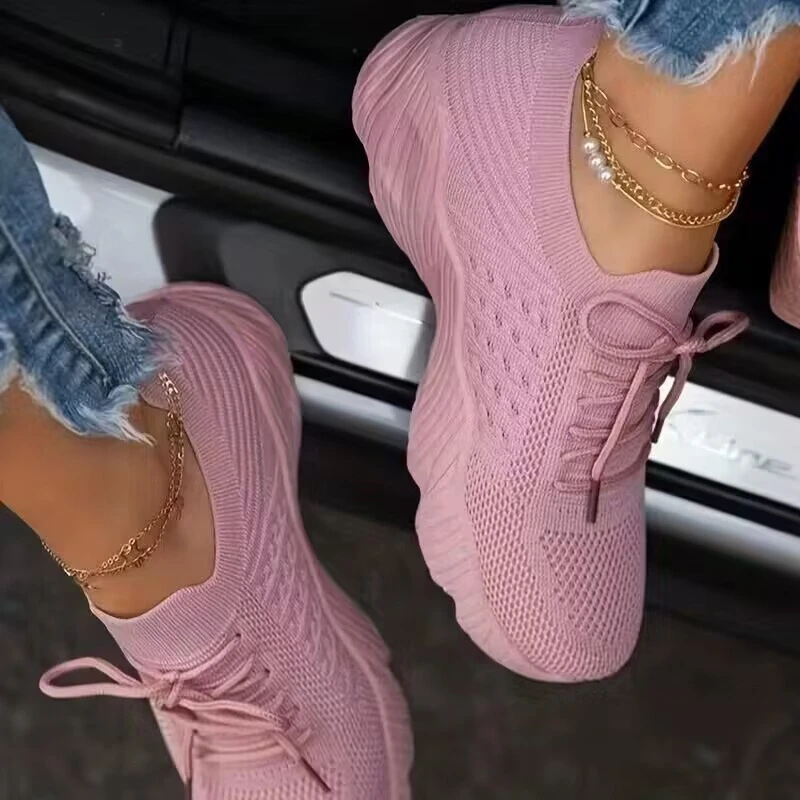 lightweight breathable women s sneakers comfortable mesh lace up sneakers pink textured knit upper cushioned insole durable pu sole casual sporty day wear sporty sneakers feminine footwear mesh upper sneakers details 1