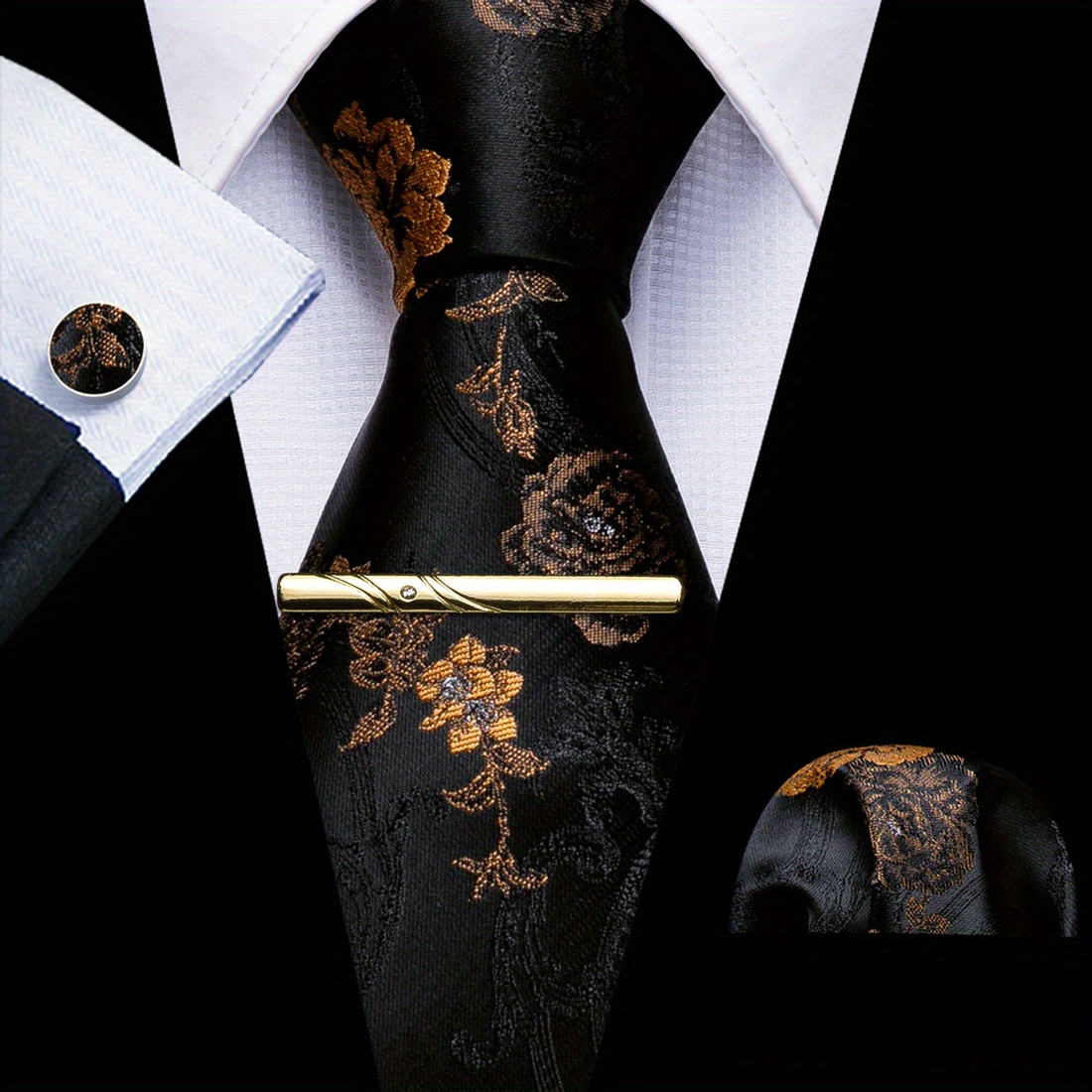 Black&Gold Silk Floral Paisley Necktie Set