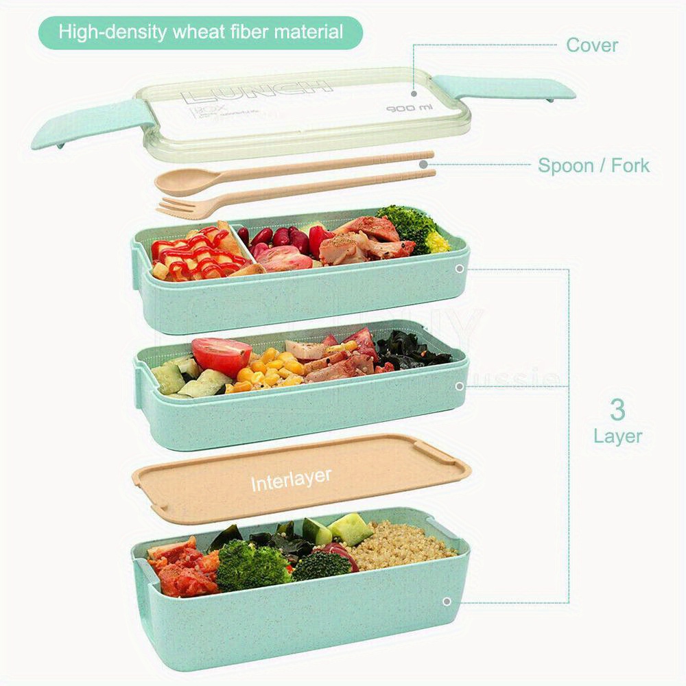 2 Layer Lunch Box Spoon Fork Dinnerware Bento Box Set Food Storage