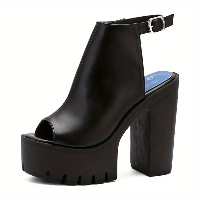 womens platform block high heels black peep toe ankle buckle strap slingback sandals fashion party pumps details 3