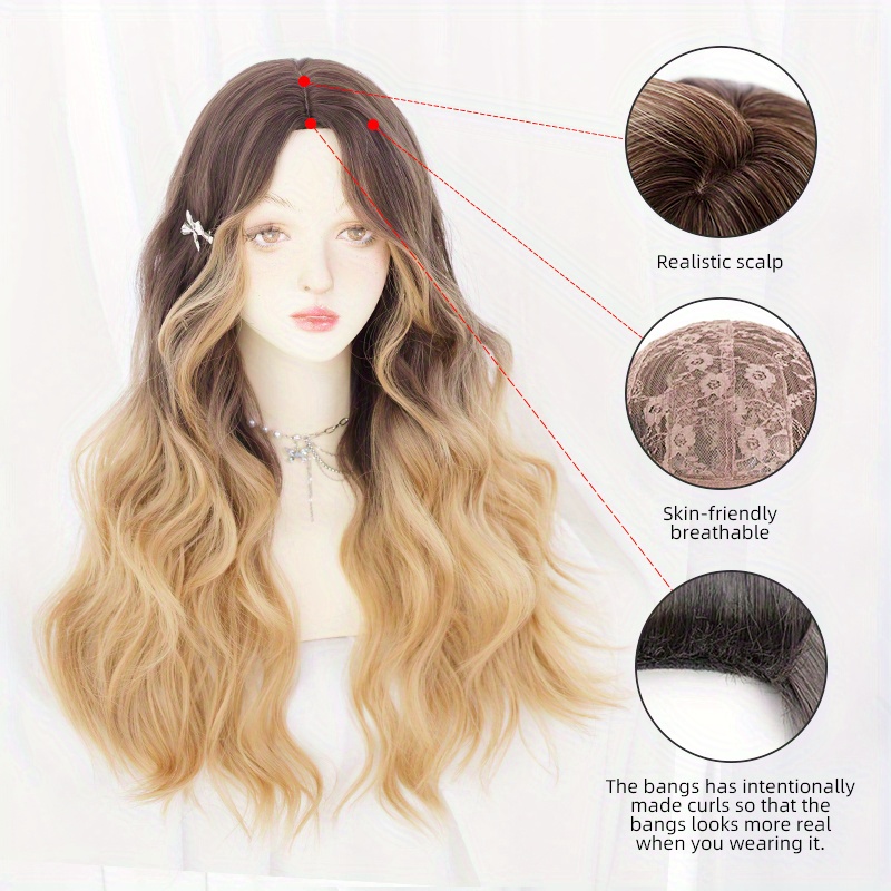 Highlight Color Long Wavy Hair Wigs Bangs Women Synthetic Temu