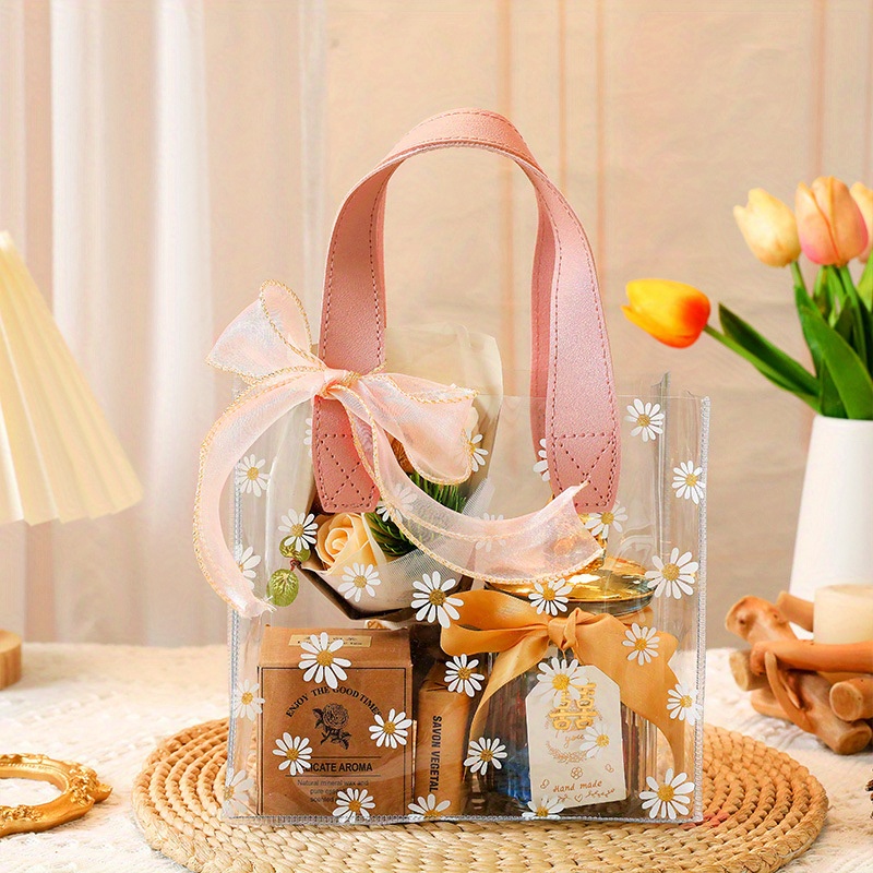 1pc Ribbon Decor Clear Gift Bag, Large Portable Flower Wrapping Bag For  Party