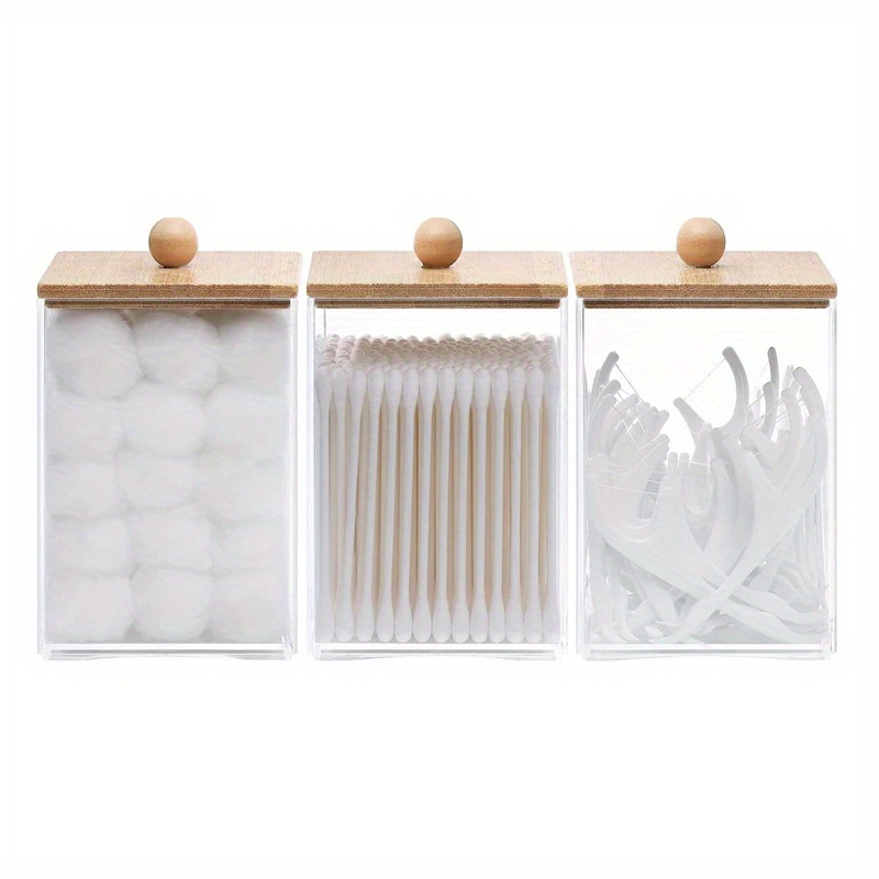Image of 3 Pack Square Qtip Holder - 12oz Bathroom Organizers And Storage Containers, Plastic Storage Box Apothecary Jars With Lids For Ball, Swab, Floss, Canisters