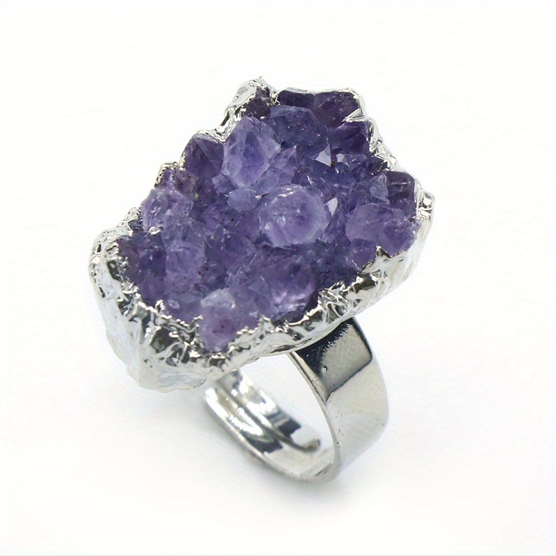 Irregular Raw Amethyst Cluster Ring for Men, Adjustable