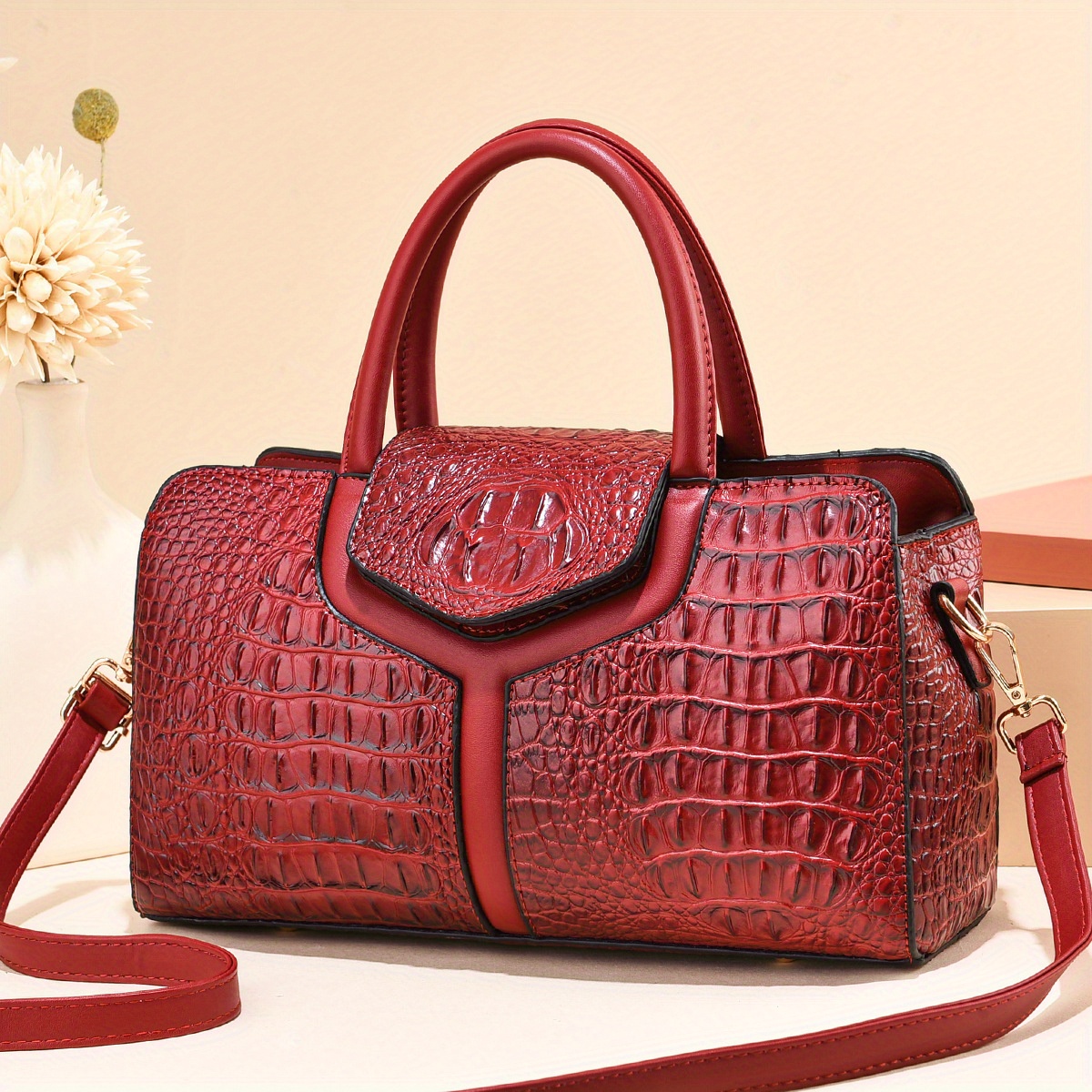 Burgundy Croc Embossed Genuine Leather Handbags