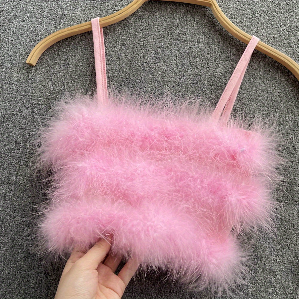 Fuzzy Crop Spaghetti Strap Top Y2k Sexy Backless Cami Top Temu