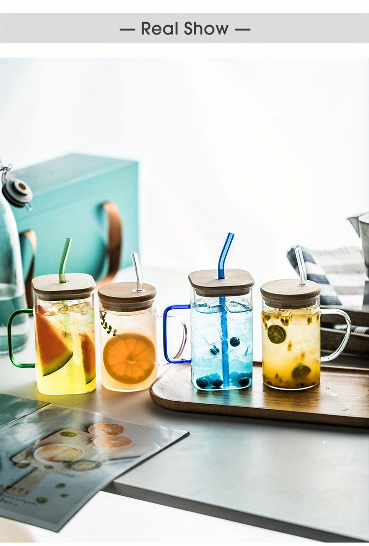 Glass Cups With Lids And Straws, Drinking Glasses Bamboo Lids And Glass  Straws, Glass Mug With Colored Handle For Soda, Iced Coffee, Milk, Tea,  Juice, Water Bottles - Temu