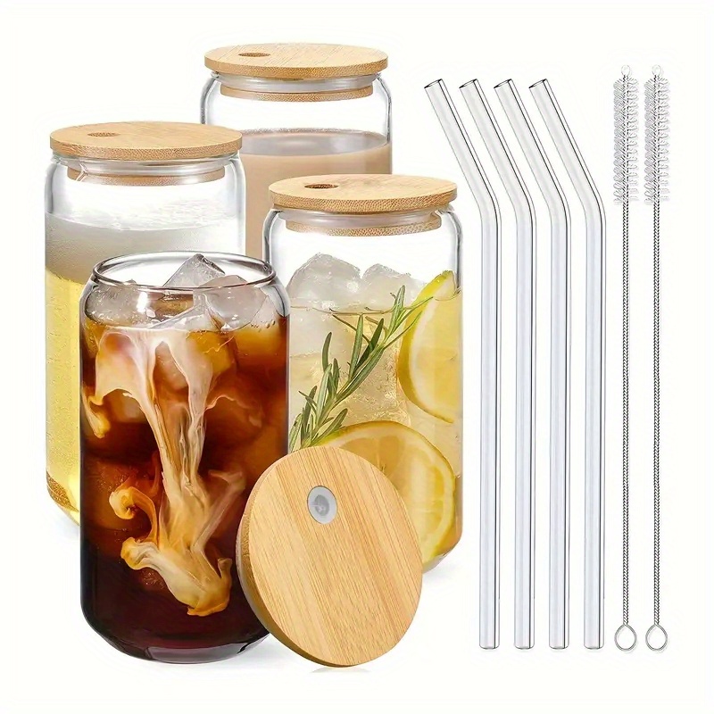 Glass Tumbler With Bamboo Lid And Straw, 32 Oz Iced Coffee Cup