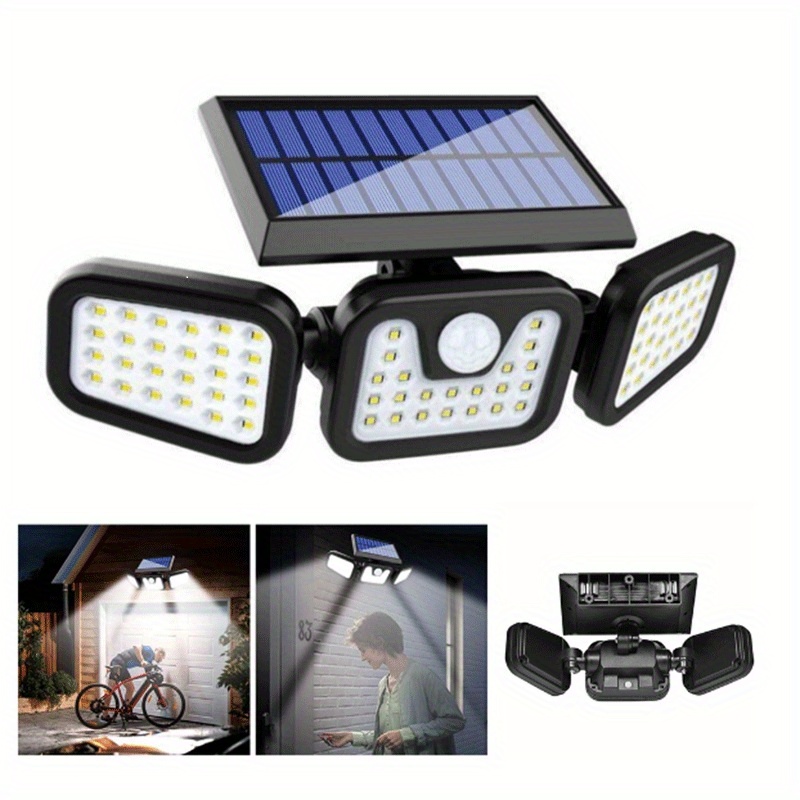 Solar Lights Outdoor, 1pc 74 LED 650LM Cordless LED Solar Motion Sensor Lights; 3 Adjustable Heads, *°Wide Angle *,, Security LED Flood Light(Daylight)