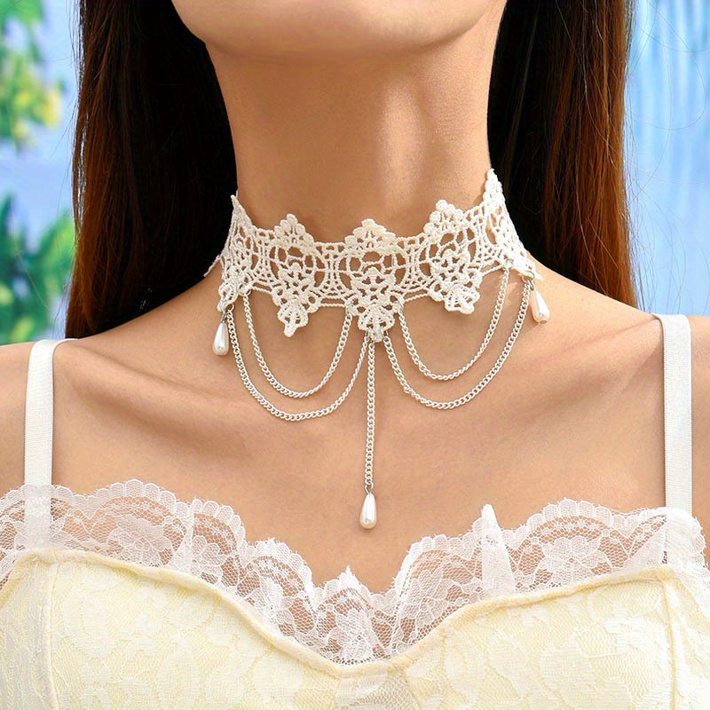 Multilayer Chain White Pearl Lace Necklace For Women Girls