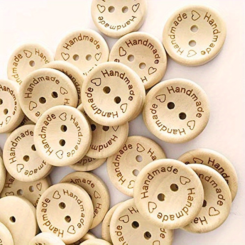 Wooden Buttons, 2-Hole, with Word, Flat Round with Word Handmade with Love, Blanched Almond, 15x3mm, Hole: 2mm Wood Flat Round