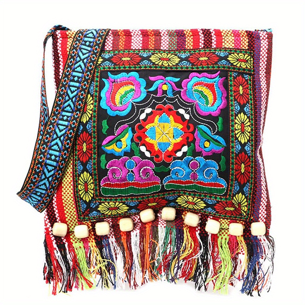 Vintage Ethnic Tribal Embroidered Tassel Sling Crossbody Boho Hippie Shoulder Bag