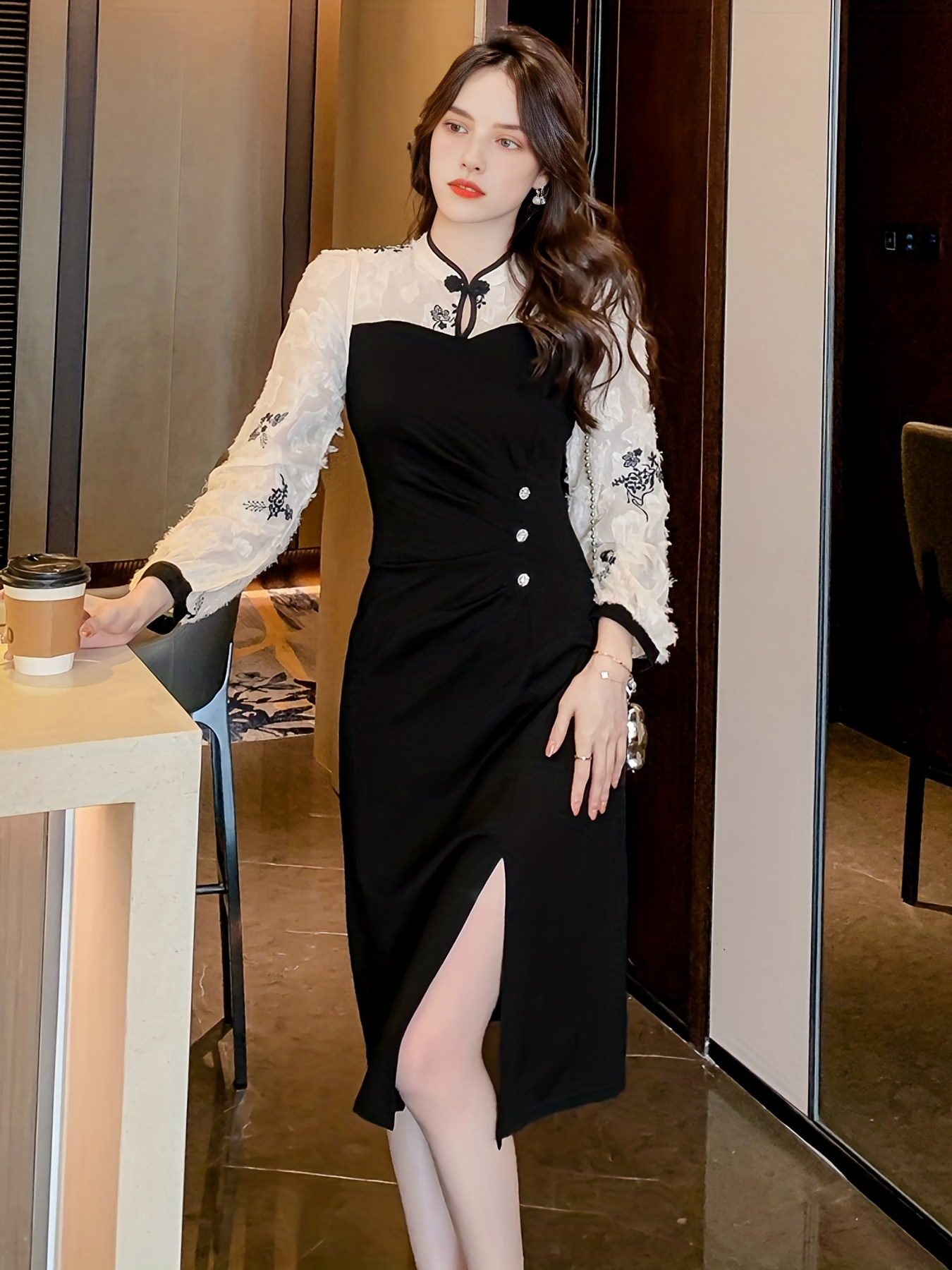 Split Hem Dress Elegant Long Sleeve Slim Ruched Midi Dress - Temu