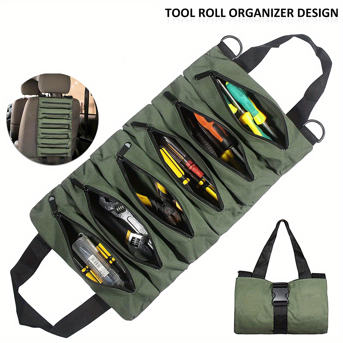 Bolsa enrollable para herramientas, organizador enrollable resistente con 6  bolsas de herramientas, organizador de rollos de herramientas 1000Dx1000D